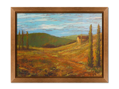 A landscape painting of Tuscany, Italy, in warm green and orange tones. The rolling hills and iconic cypress trees of Italy are set against a cool blue sky. Printed on canvas and framed.