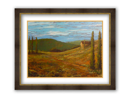 A landscape painting of Tuscany, Italy, in warm green and orange tones. The rolling hills and iconic cypress trees of Italy are set against a cool blue sky. Printed on paper, matted, and framed.