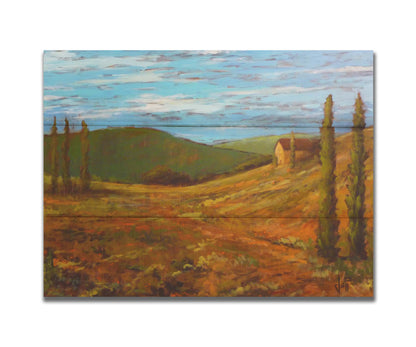 A landscape painting of Tuscany, Italy, in warm green and orange tones. The rolling hills and iconic cypress trees of Italy are set against a cool blue sky. Printed on a box board.