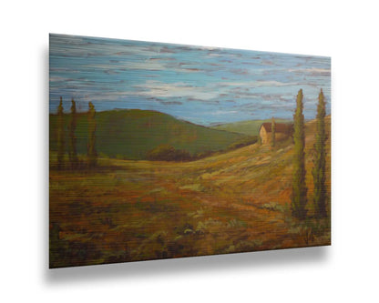 A landscape painting of Tuscany, Italy, in warm green and orange tones. The rolling hills and iconic cypress trees of Italy are set against a cool blue sky. Printed on metal.