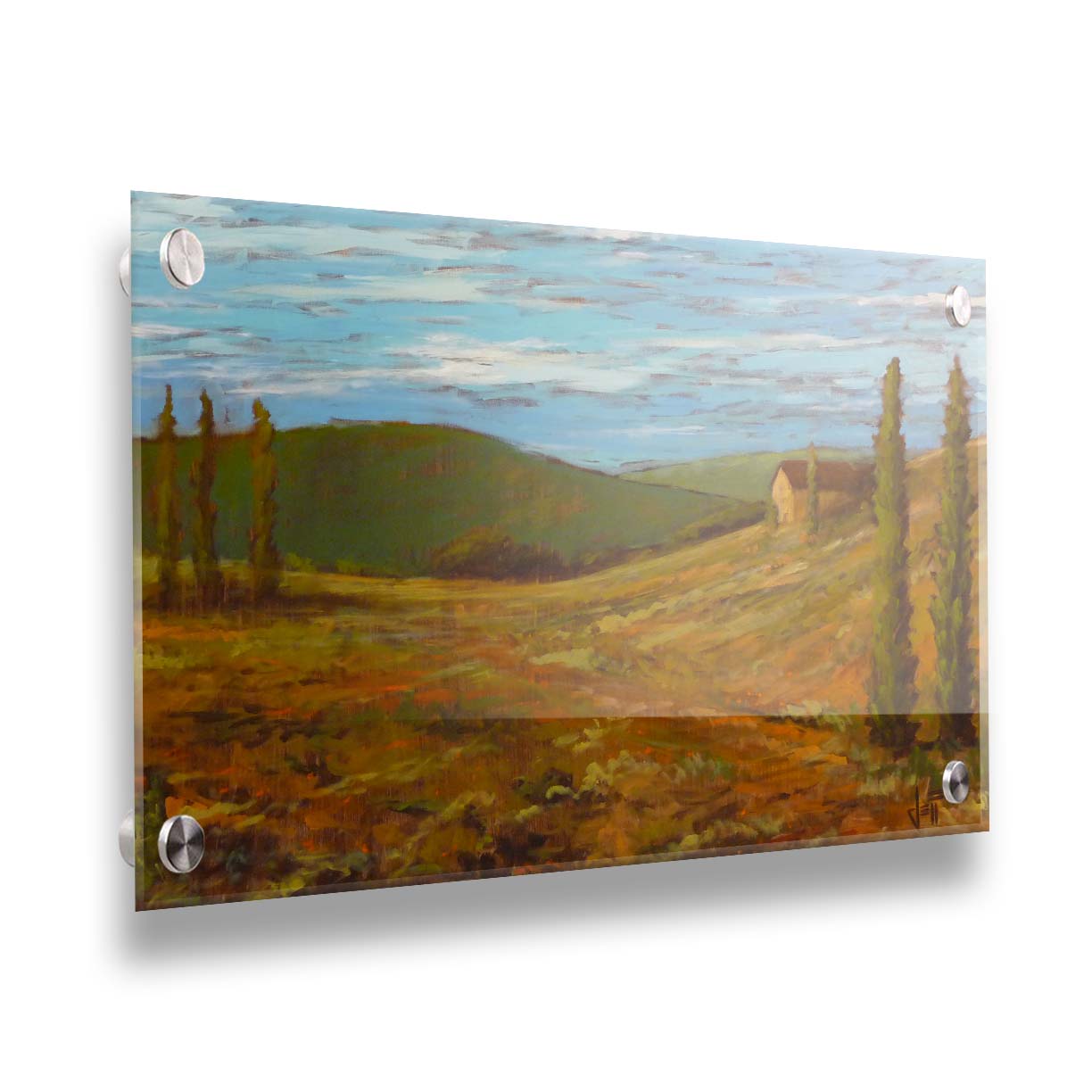 A landscape painting of Tuscany, Italy, in warm green and orange tones. The rolling hills and iconic cypress trees of Italy are set against a cool blue sky. Printed on acrylic.