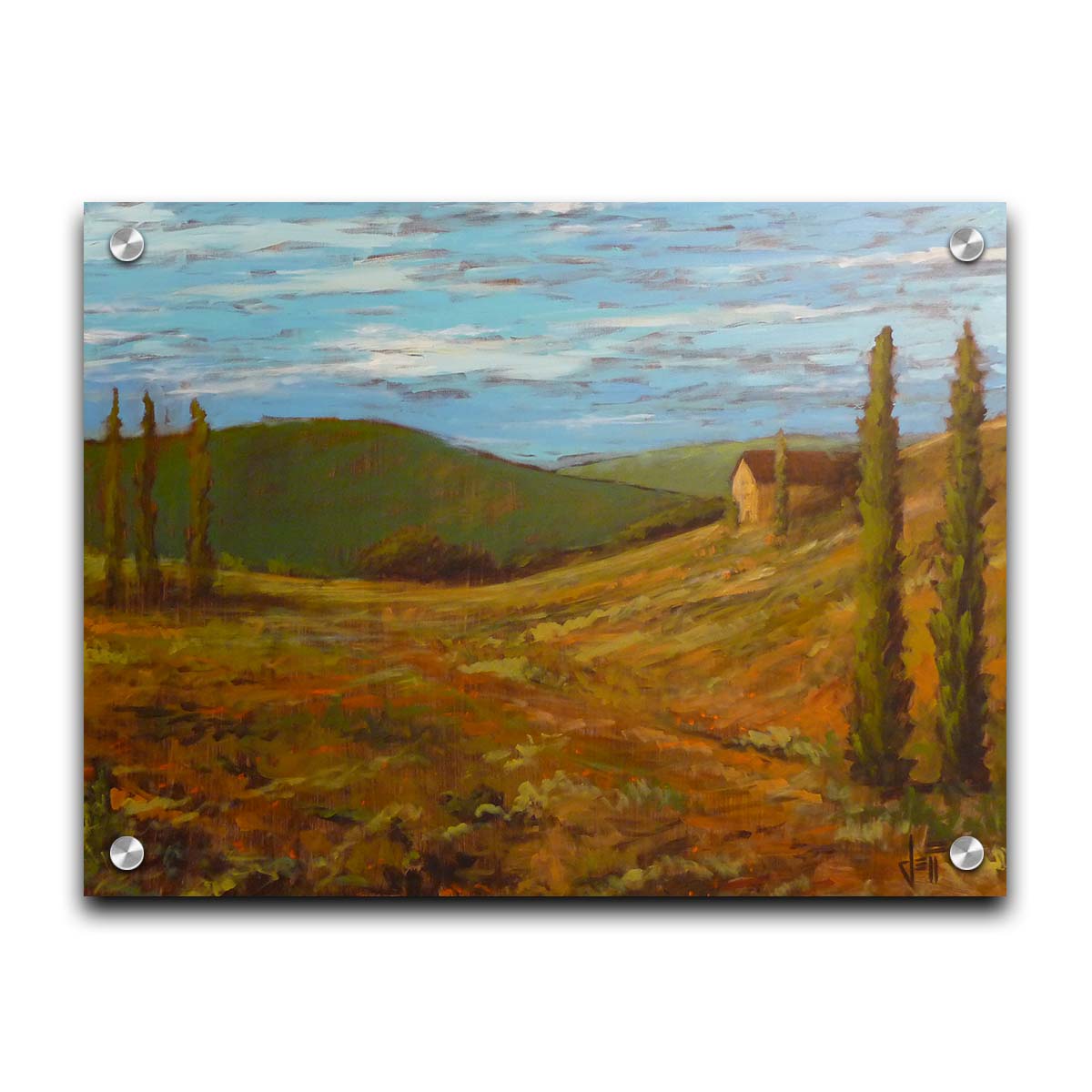 A landscape painting of Tuscany, Italy, in warm green and orange tones. The rolling hills and iconic cypress trees of Italy are set against a cool blue sky. Printed on acrylic.