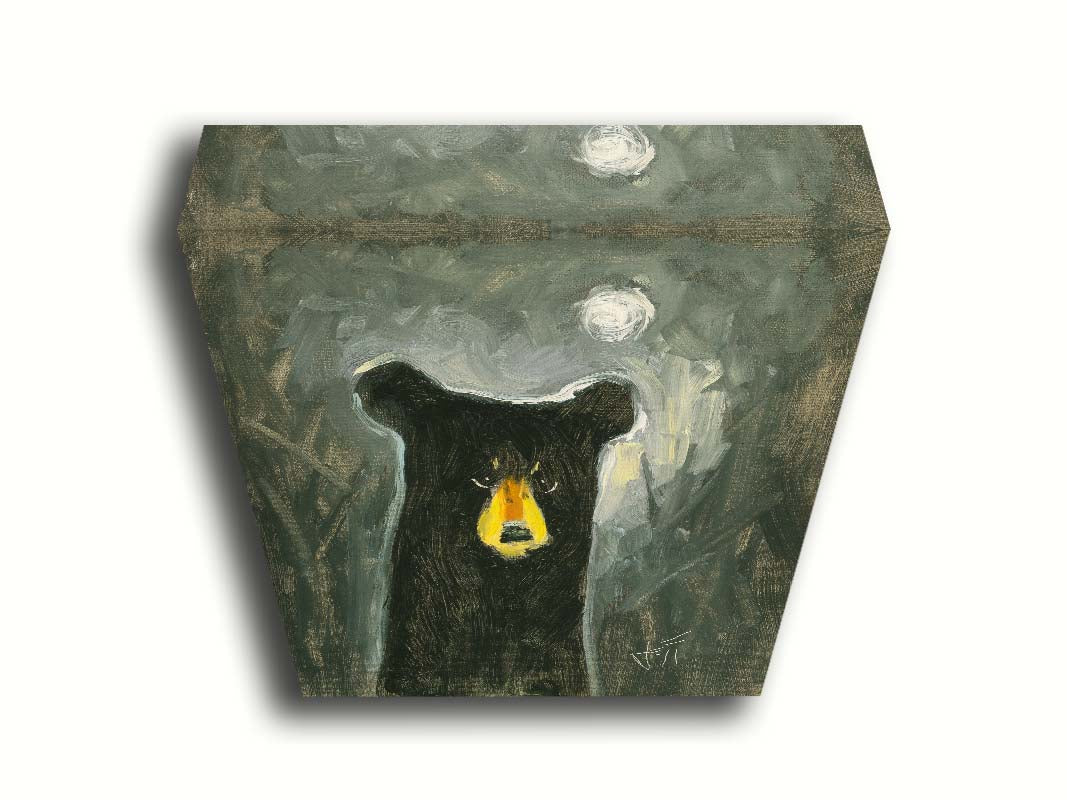 A stylized, simplified painting of a black bear, illuminated by the faint glow of the sky under the moonlight. Printed on canvas.