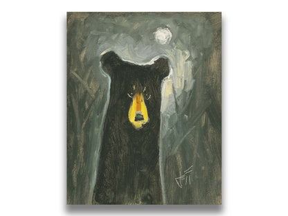 A stylized, simplified painting of a black bear, illuminated by the faint glow of the sky under the moonlight. Printed on canvas.