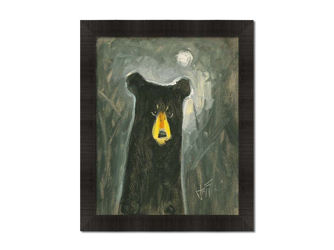 A stylized, simplified painting of a black bear, illuminated by the faint glow of the sky under the moonlight. Printed on canvas and framed.