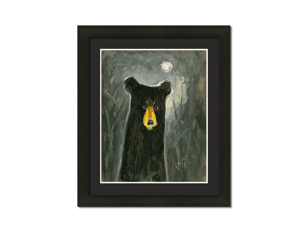 A stylized, simplified painting of a black bear, illuminated by the faint glow of the sky under the moonlight. Printed on paper, matted, and framed.