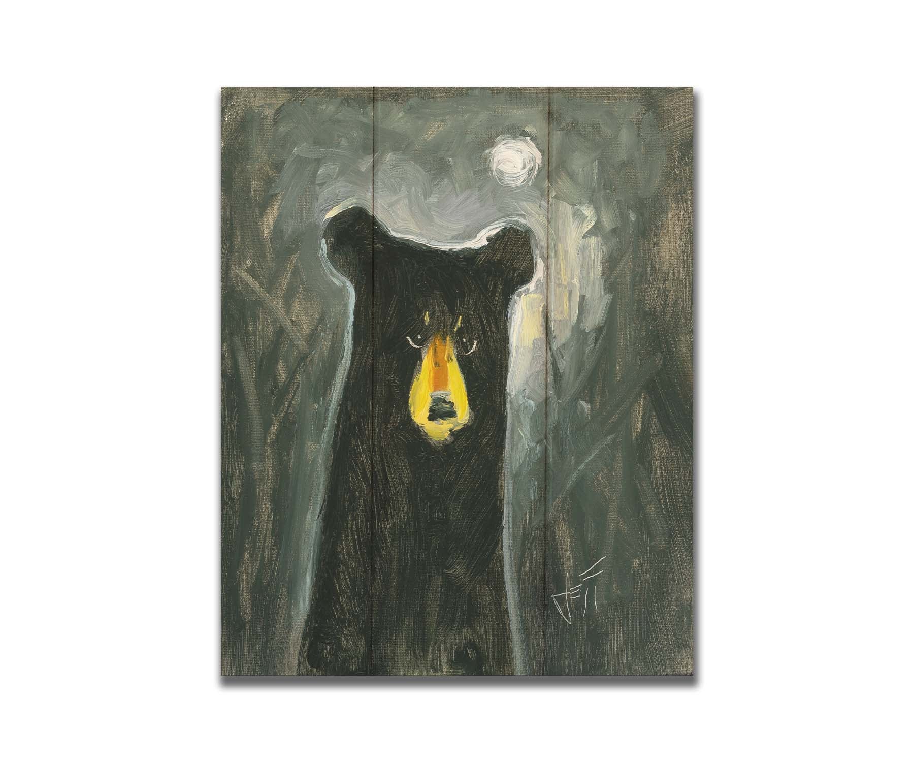 A stylized, simplified painting of a black bear, illuminated by the faint glow of the sky under the moonlight. Printed on a box board.