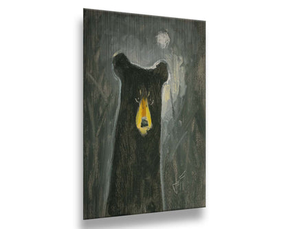 A stylized, simplified painting of a black bear, illuminated by the faint glow of the sky under the moonlight. Printed on metal.