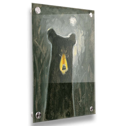 A stylized, simplified painting of a black bear, illuminated by the faint glow of the sky under the moonlight. Printed on acrylic.