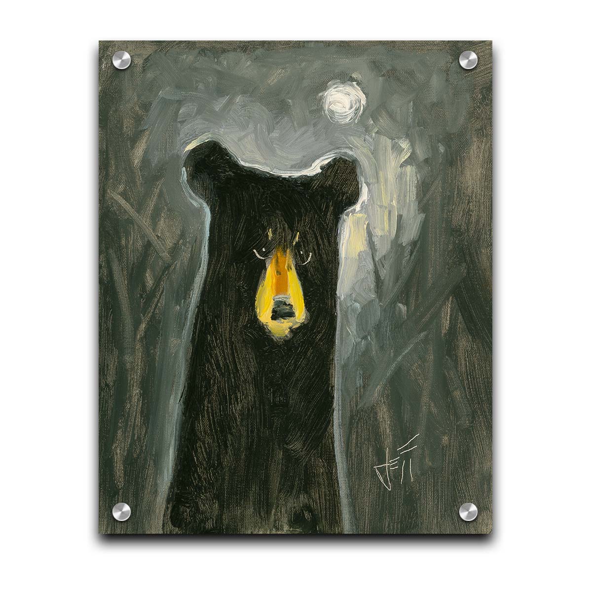 A stylized, simplified painting of a black bear, illuminated by the faint glow of the sky under the moonlight. Printed on acrylic.