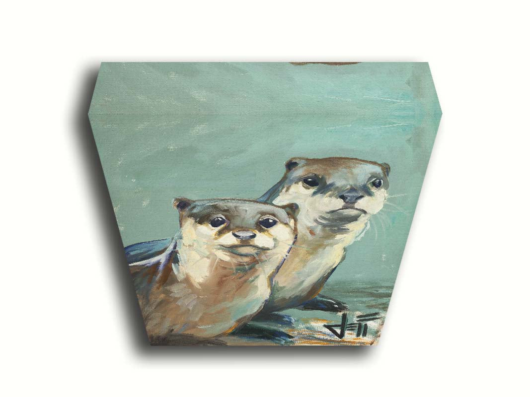 A painting of two otters sitting on the shore, their smooth fur and cool reflections brought to life in subtle natural colors. Printed on canvas.