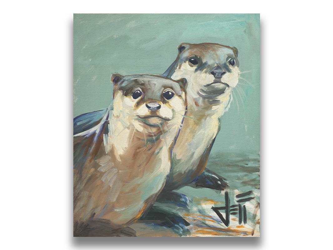 A painting of two otters sitting on the shore, their smooth fur and cool reflections brought to life in subtle natural colors. Printed on canvas.