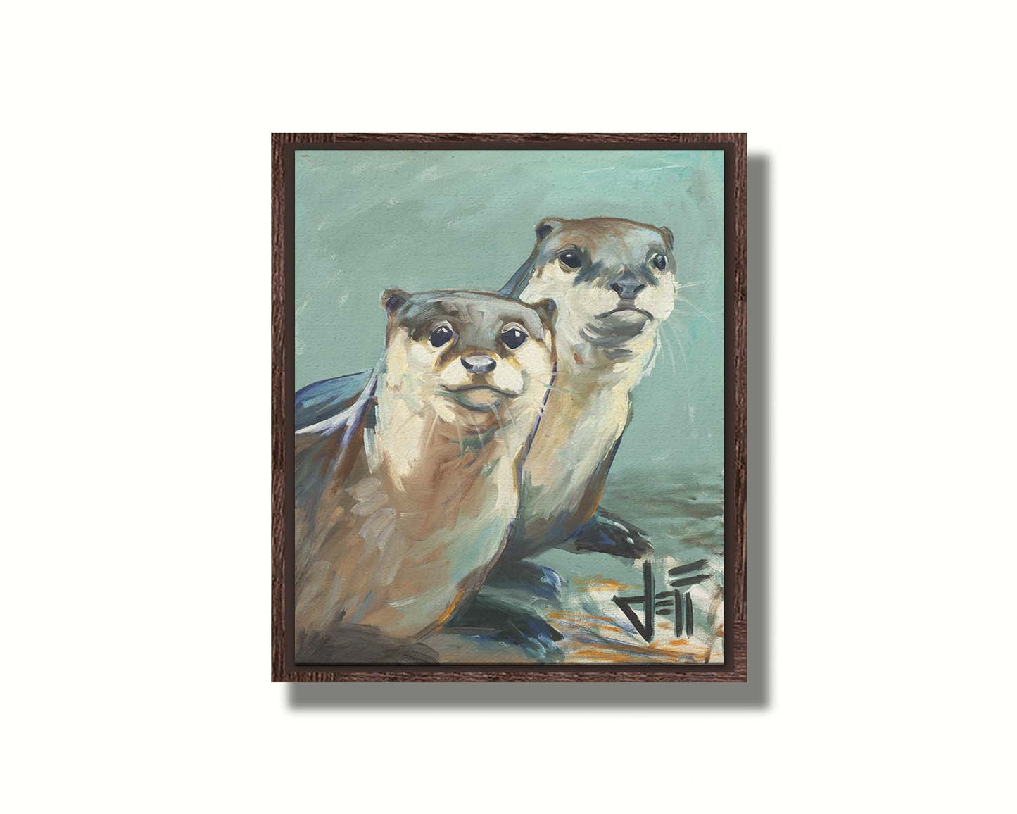 A painting of two otters sitting on the shore, their smooth fur and cool reflections brought to life in subtle natural colors. Printed on canvas in a float frame.