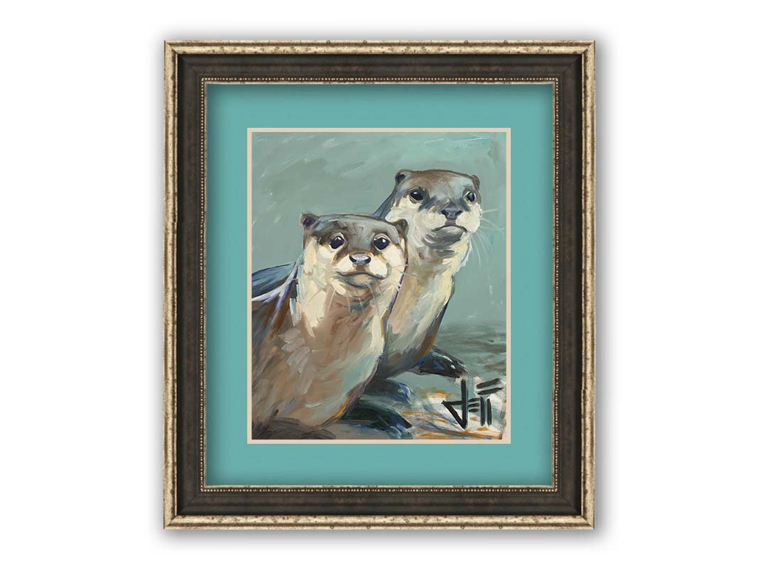 A painting of two otters sitting on the shore, their smooth fur and cool reflections brought to life in subtle natural colors. Printed on paper, matted, and framed.