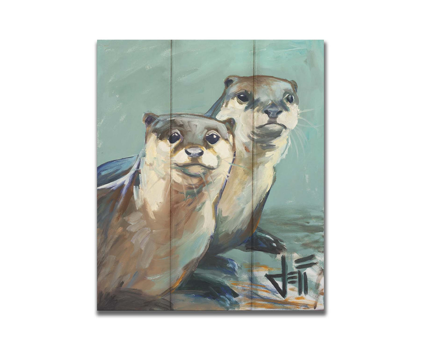 A painting of two otters sitting on the shore, their smooth fur and cool reflections brought to life in subtle natural colors. Printed on a box board.