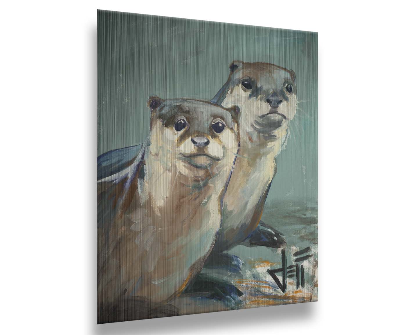 A painting of two otters sitting on the shore, their smooth fur and cool reflections brought to life in subtle natural colors. Printed on metal.