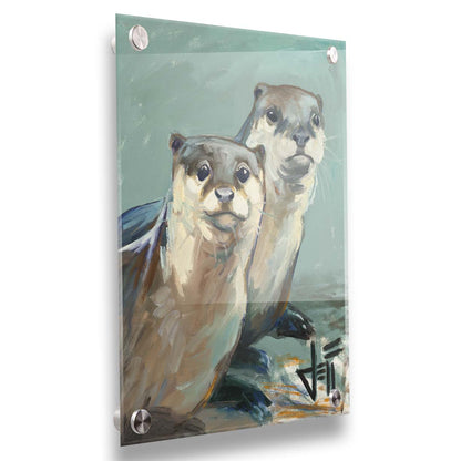 A painting of two otters sitting on the shore, their smooth fur and cool reflections brought to life in subtle natural colors. Printed on acrylic.