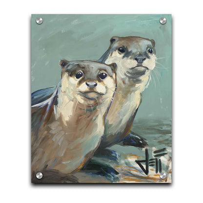 A painting of two otters sitting on the shore, their smooth fur and cool reflections brought to life in subtle natural colors. Printed on acrylic.