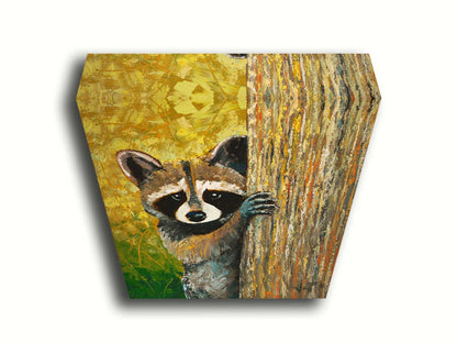 A painting of a curious raccoon, peeking around a tree trunk, with a background full of vibrant foliage. Printed on canvas.