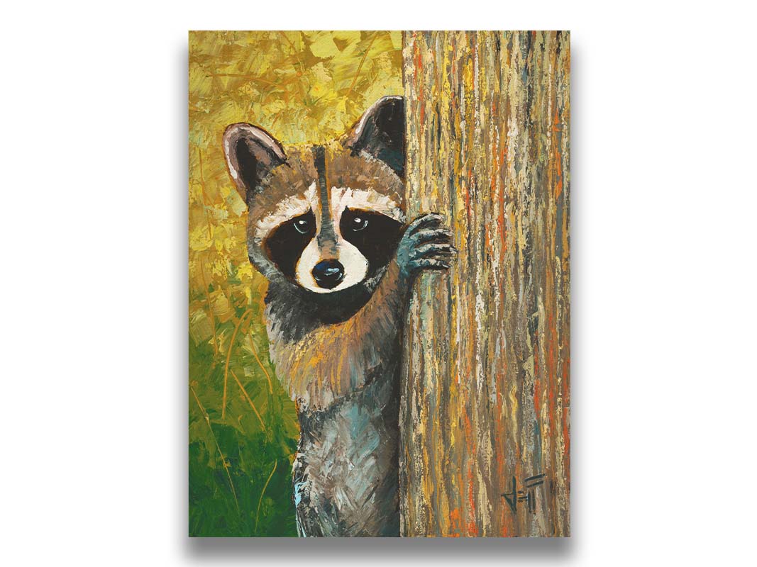 A painting of a curious raccoon, peeking around a tree trunk, with a background full of vibrant foliage. Printed on canvas.