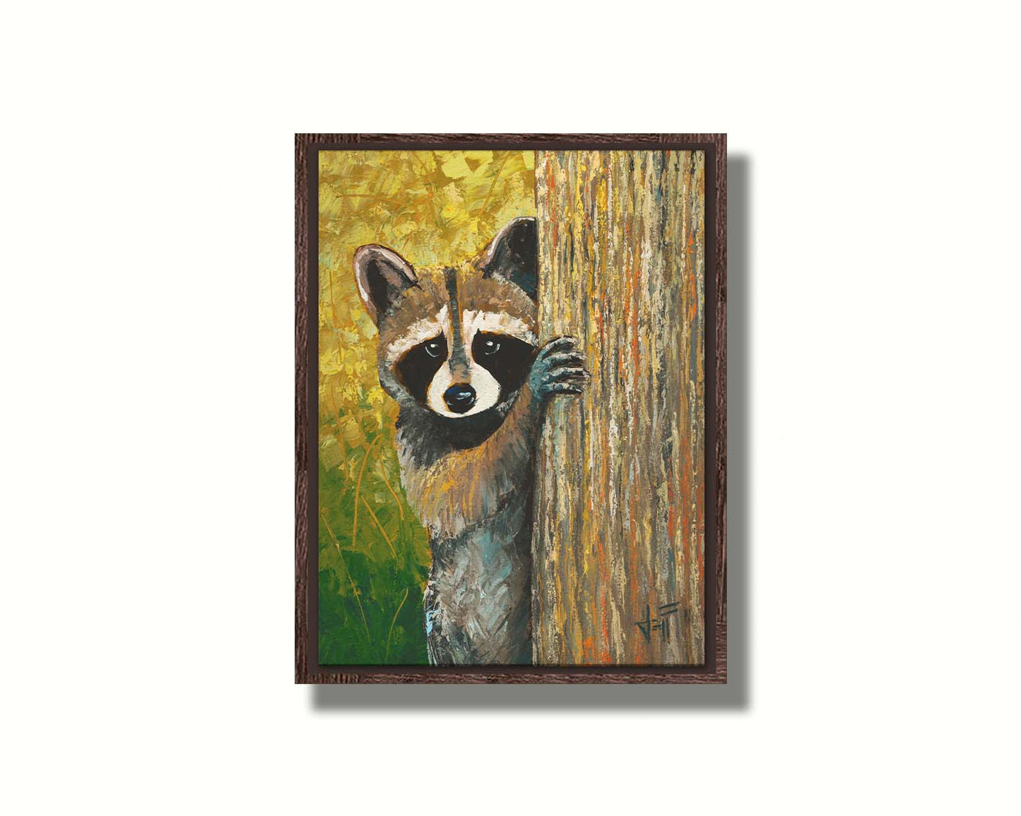 A painting of a curious raccoon, peeking around a tree trunk, with a background full of vibrant foliage. Printed on canvas in a float frame.