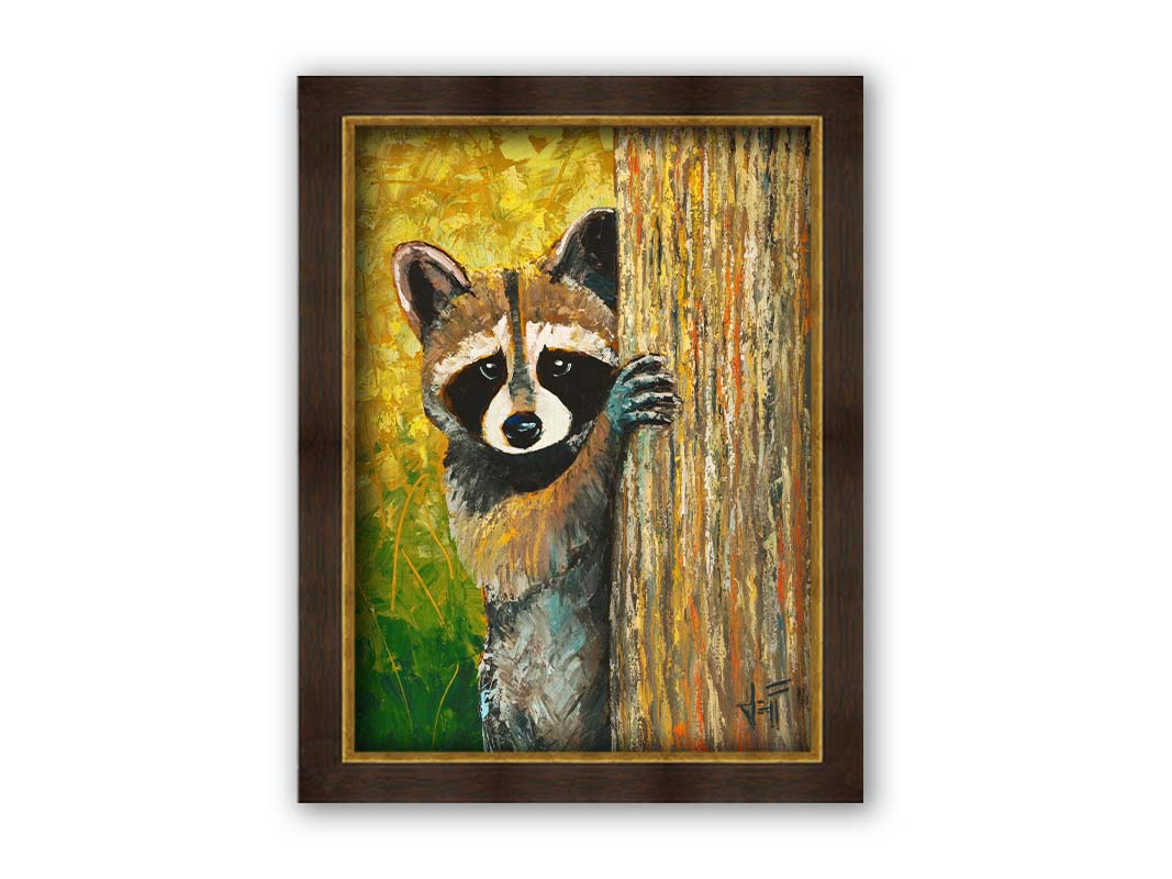 A painting of a curious raccoon, peeking around a tree trunk, with a background full of vibrant foliage. Printed on canvas and framed.