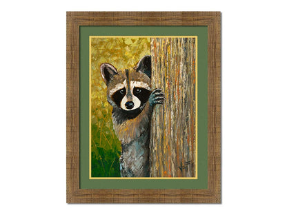 A painting of a curious raccoon, peeking around a tree trunk, with a background full of vibrant foliage. Printed on paper, matted, and framed.