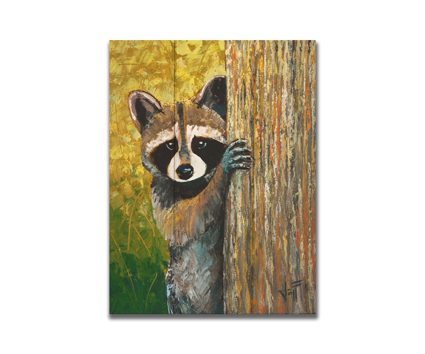 A painting of a curious raccoon, peeking around a tree trunk, with a background full of vibrant foliage. Printed on a box board.