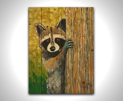 A painting of a curious raccoon, peeking around a tree trunk, with a background full of vibrant foliage. Printed on a wood pallet.