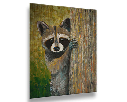 A painting of a curious raccoon, peeking around a tree trunk, with a background full of vibrant foliage. Printed on metal.