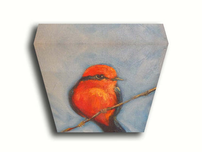 A portrait painting of a vermilion flycatcher perched on a twig against a serene gray and blue background. Printed on canvas.