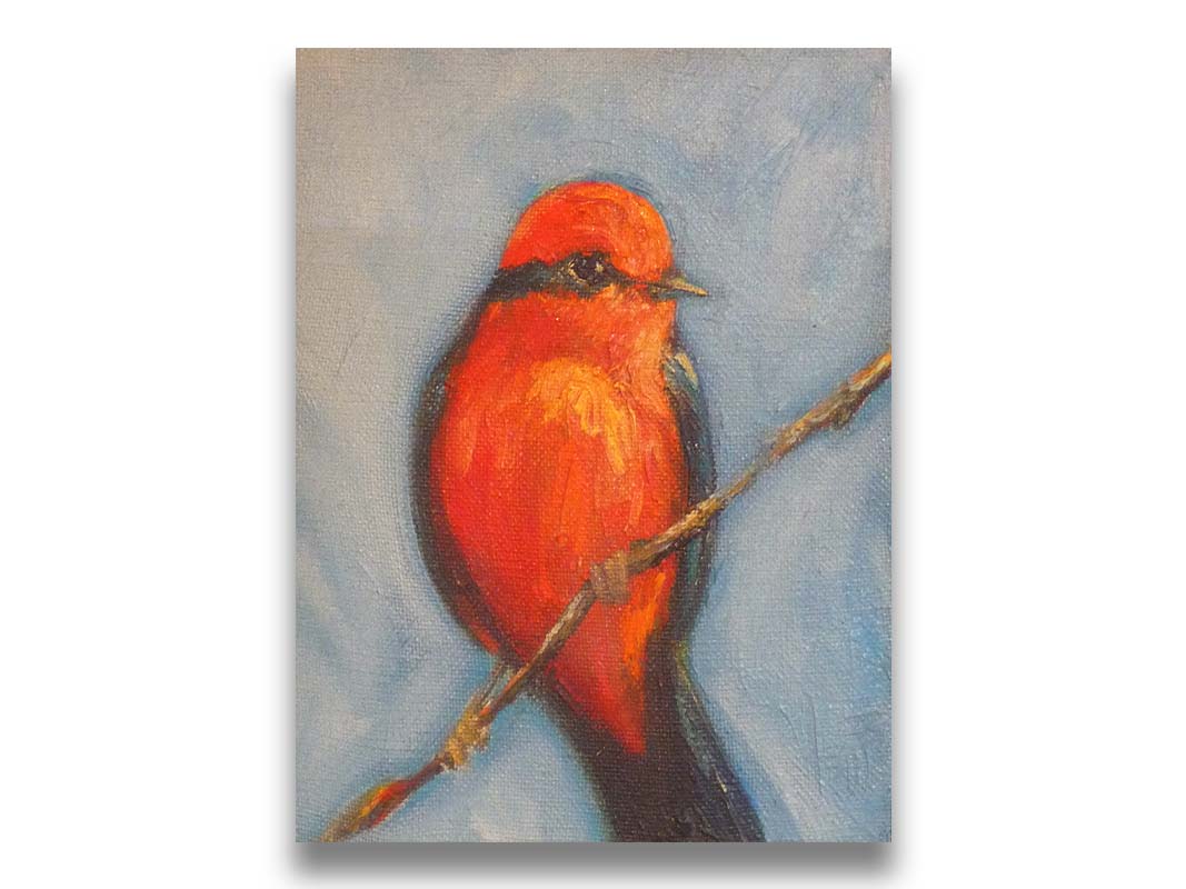 A portrait painting of a vermilion flycatcher perched on a twig against a serene gray and blue background. Printed on canvas.