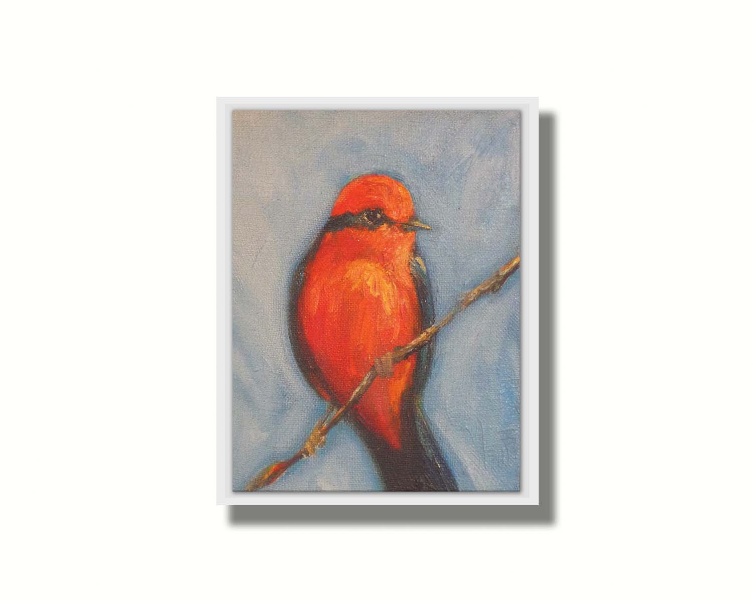 A portrait painting of a vermilion flycatcher perched on a twig against a serene gray and blue background. Printed on canvas in a float frame.