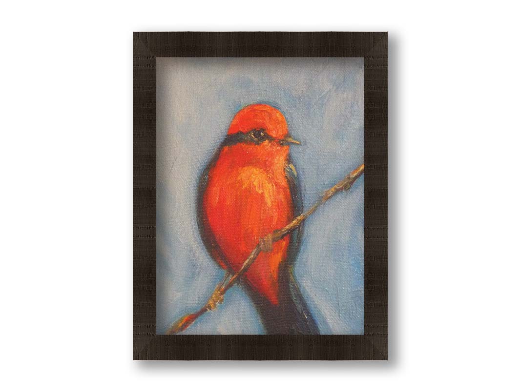 A portrait painting of a vermilion flycatcher perched on a twig against a serene gray and blue background. Printed on canvas and framed.