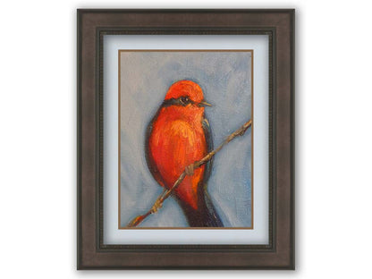 A portrait painting of a vermilion flycatcher perched on a twig against a serene gray and blue background. Printed on paper, matted, and framed.