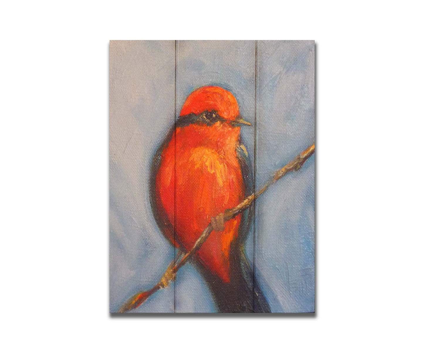 A portrait painting of a vermilion flycatcher perched on a twig against a serene gray and blue background. Printed on a box board.