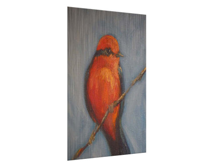 A portrait painting of a vermilion flycatcher perched on a twig against a serene gray and blue background. Printed on metal.