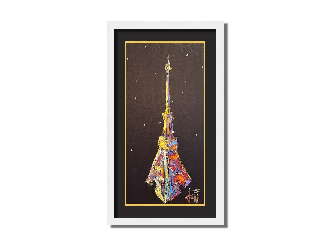 A painting of an abstracted rendition of the iconic Eiffel Tower in bright colors against a black background with white speckles. Printed on paper, matted, and framed.