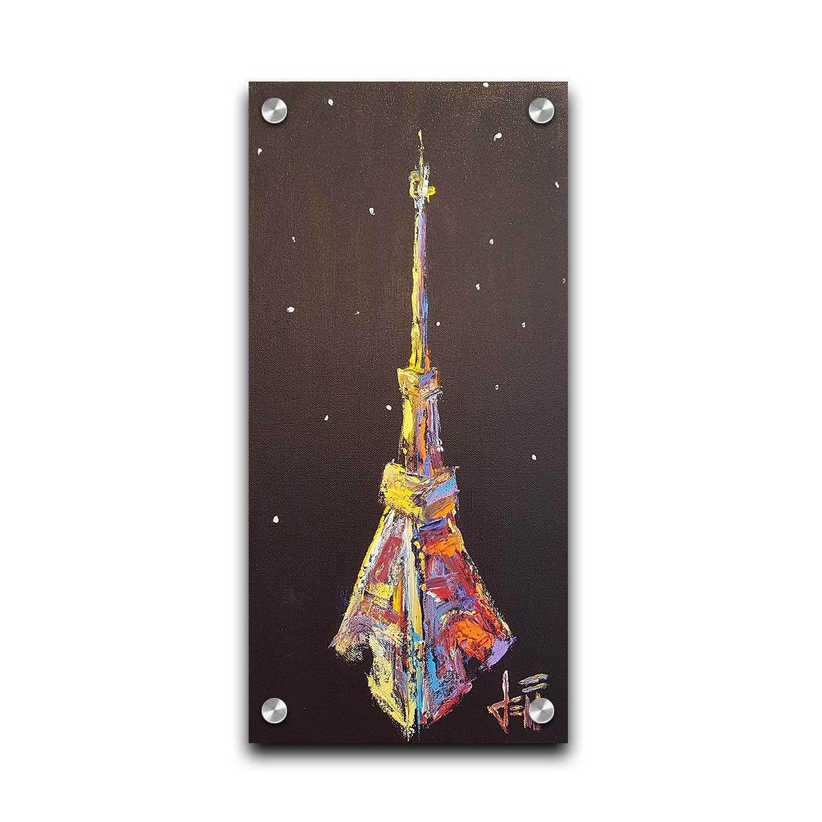 A painting of an abstracted rendition of the iconic Eiffel Tower in bright colors against a black background with white speckles. Printed on acrylic.