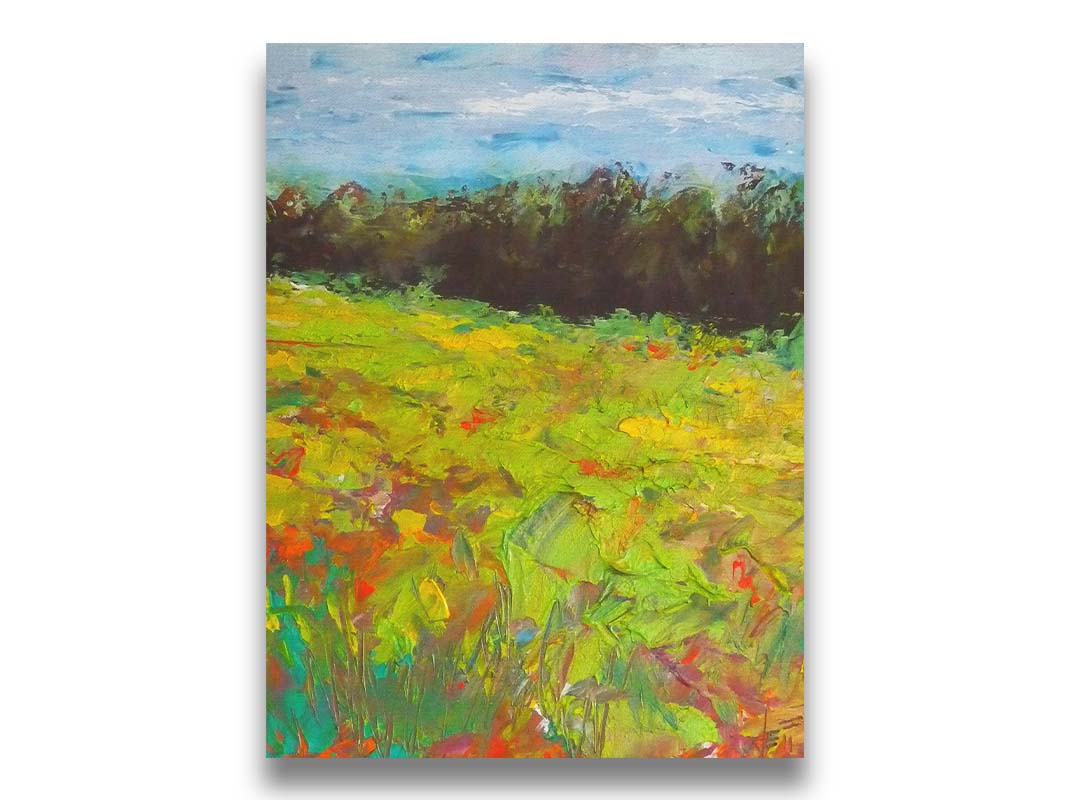 A landscape painting of a colorful meadow bordered by a lush forest, created using vibrant green impasto with pops of orange, pink, yellow, and blue. Printed on canvas.