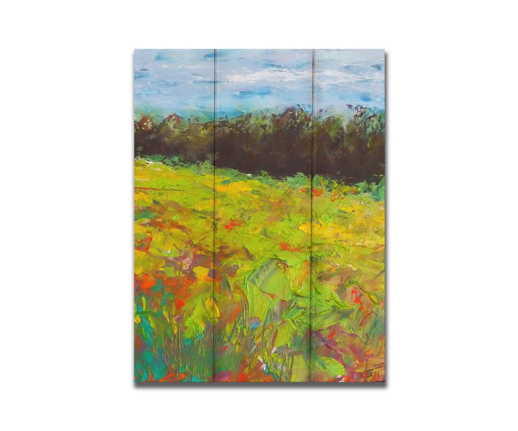 A landscape painting of a colorful meadow bordered by a lush forest, created using vibrant green impasto with pops of orange, pink, yellow, and blue. Printed on a box board.