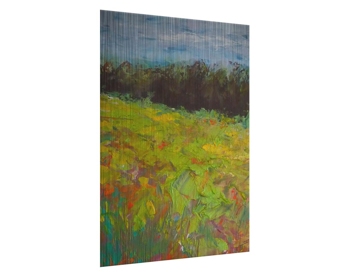 A landscape painting of a colorful meadow bordered by a lush forest, created using vibrant green impasto with pops of orange, pink, yellow, and blue. Printed on metal.