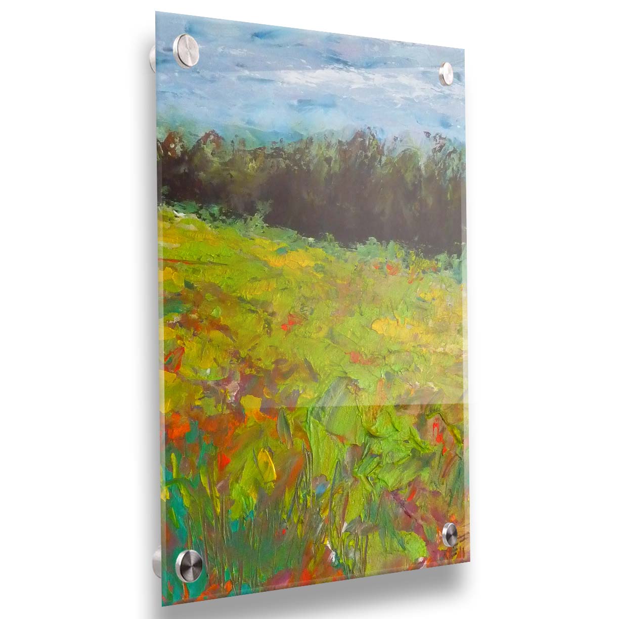 A landscape painting of a colorful meadow bordered by a lush forest, created using vibrant green impasto with pops of orange, pink, yellow, and blue. Printed on acrylic.