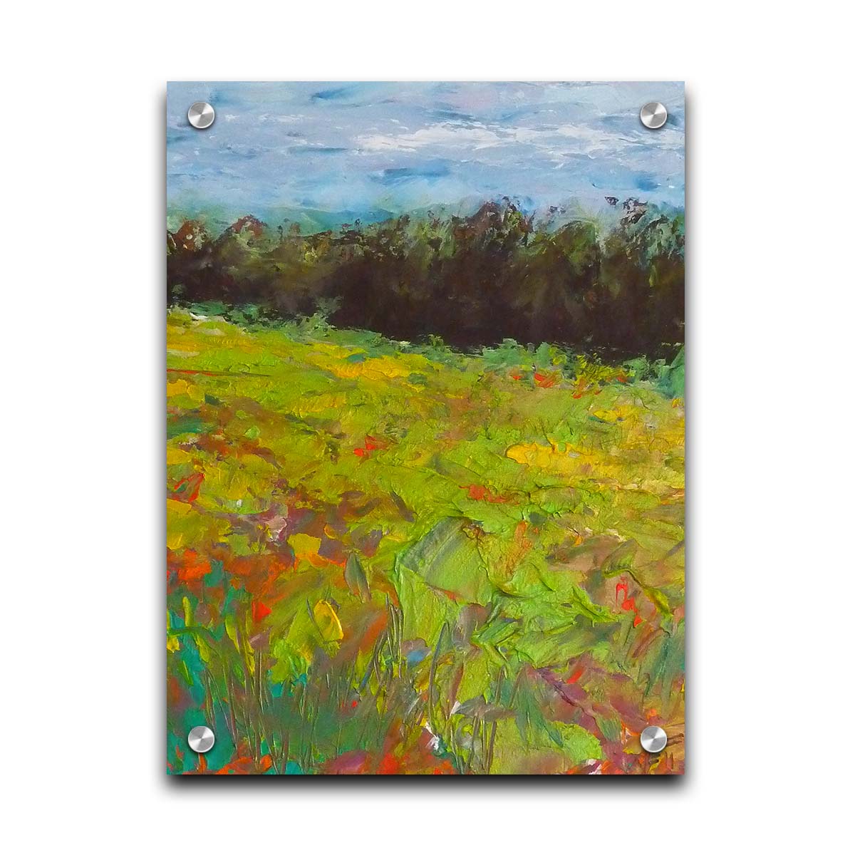 A landscape painting of a colorful meadow bordered by a lush forest, created using vibrant green impasto with pops of orange, pink, yellow, and blue. Printed on acrylic.