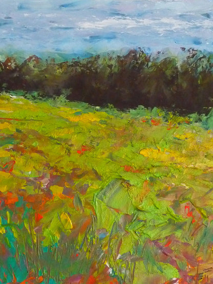 A landscape painting of a colorful meadow bordered by a lush forest, created using vibrant green impasto with pops of orange, pink, yellow, and blue.