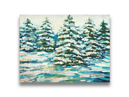 A painting of a snowy evergreen forest, textured with thick layers of paint. Printed on canvas.