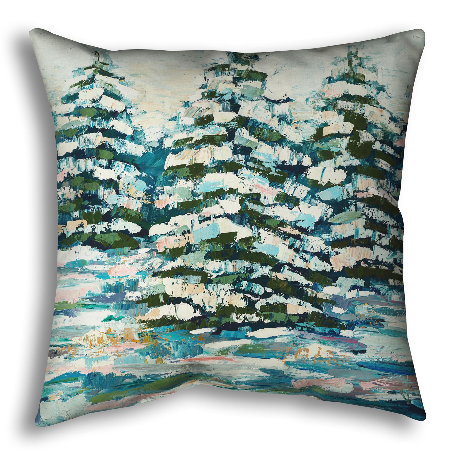 A throw pillow decorated with the print of a painting of a snowy evergreen forest, textured with thick layers of paint. 