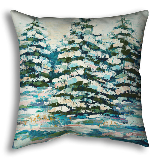 A throw pillow decorated with the print of a painting of a snowy evergreen forest, textured with thick layers of paint. 