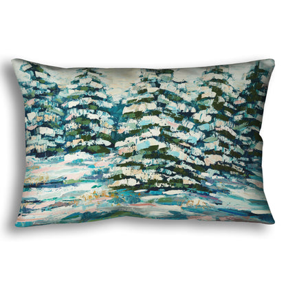 A throw pillow decorated with the print of a painting of a snowy evergreen forest, textured with thick layers of paint. 