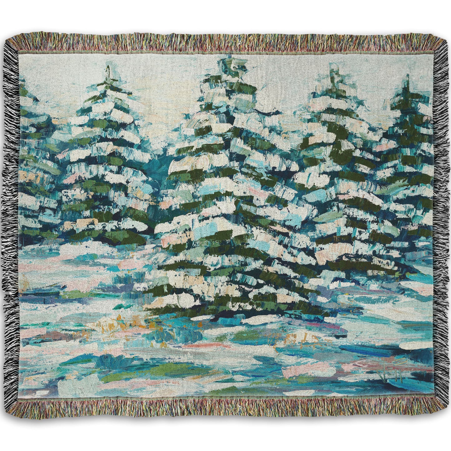 A woven throw blanket decorated with the print of a painting of a snowy evergreen forest, textured with thick layers of paint. 
